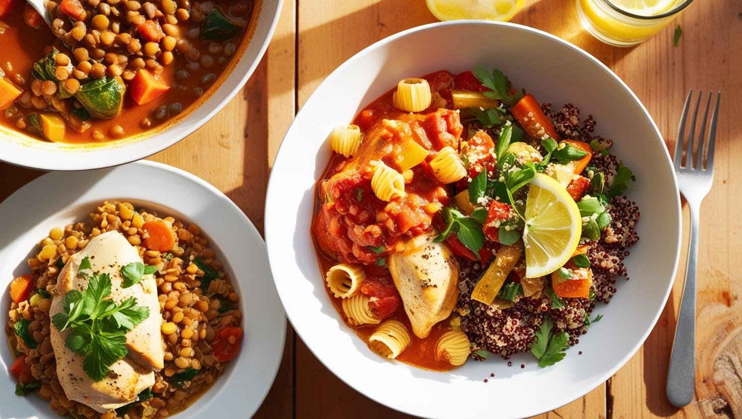 Three healthy one-pot dinner bowls featuring hearty lentils, roasted chicken, colorful vegetables, and pasta garnished with fresh herbs and lemon slices