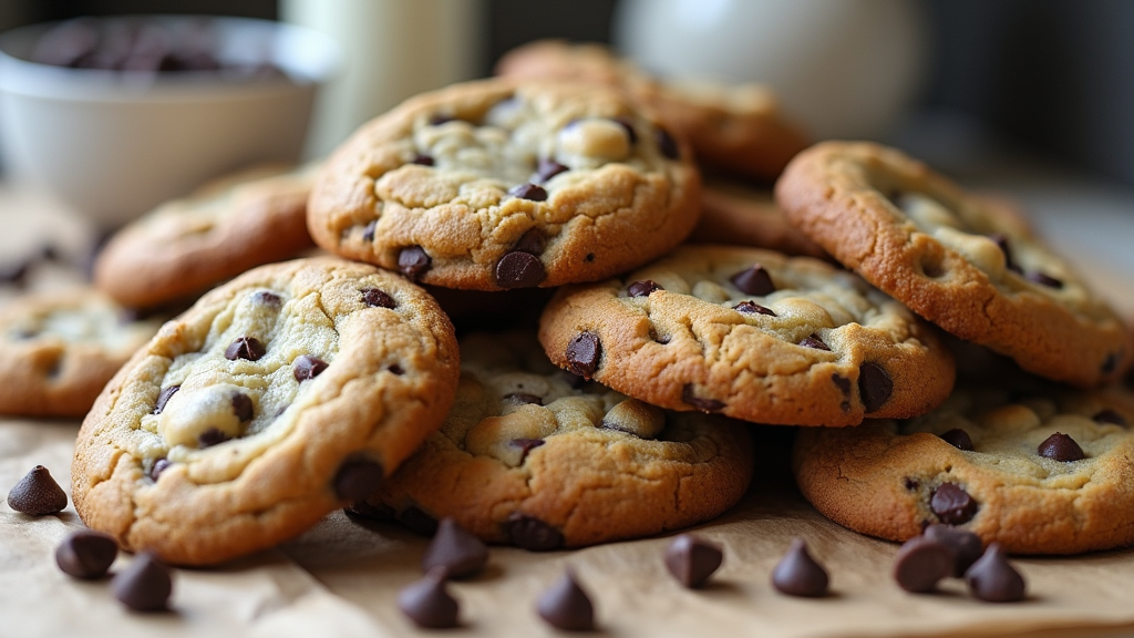 A batch of freshly baked chocolate chip cookies with crispy edges and gooey centers on a piece of parchment paper.