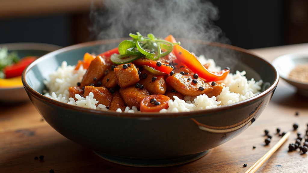 A bowl of black pepper chicken with steamed white rice, bell peppers, and onions glistening beside a pair of chopsticks on a table.