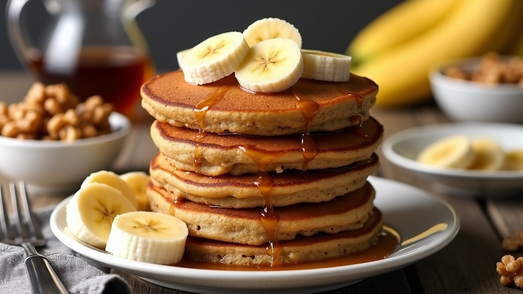 Stack of fluffy banana bread pancakes on a plate next to bananas and syrup