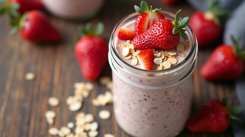 Strawberry Shortcake Overnight Oats in a mason jar with fresh strawberries scattered around