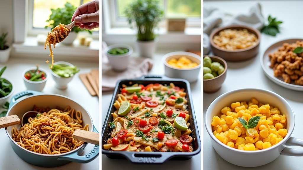 A collage of simple, colorful meals on a kitchen counter.